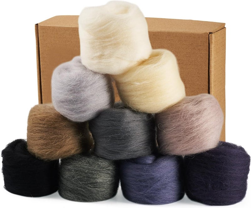 Boutigem 10 Colors 50G Black White Gray Needle Felting Wool Roving, DIY Craft Spinning Wool Roving for Needle Felting, Chunky Handmade Fibre Yarn for Beginners DIY Hand Spinning, Weaving and Blending - Image 2
